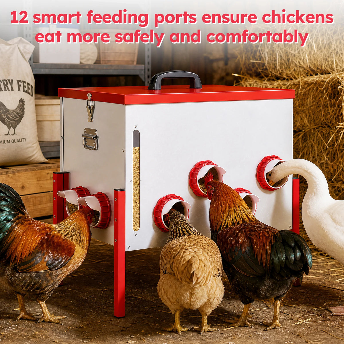Automatic Chicken Feeder 130LBS Large Capacity 12 Anti-Waste Ports Metal Poultry Feeder with Height Adjustable Stand Waterproof Rodent Proof Feed Box with Lid Viewing Window