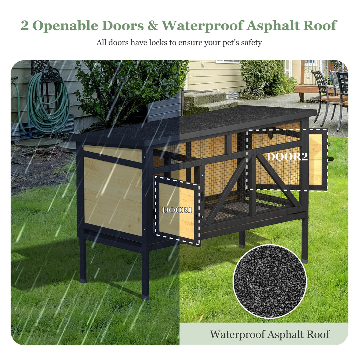 46.7" Elevated Small Animal Habitat with Double Doors, Leak-Proof Tray & Asphalt Roof - Whiskersnwigglesshop