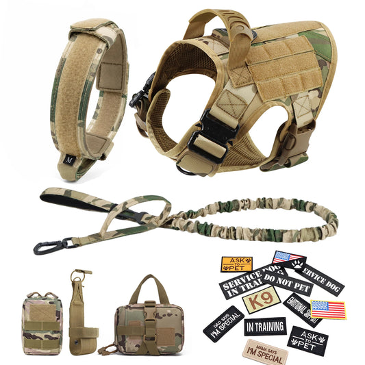 Military Style Dog Harness Collar, Leash, Bags and Patches Set