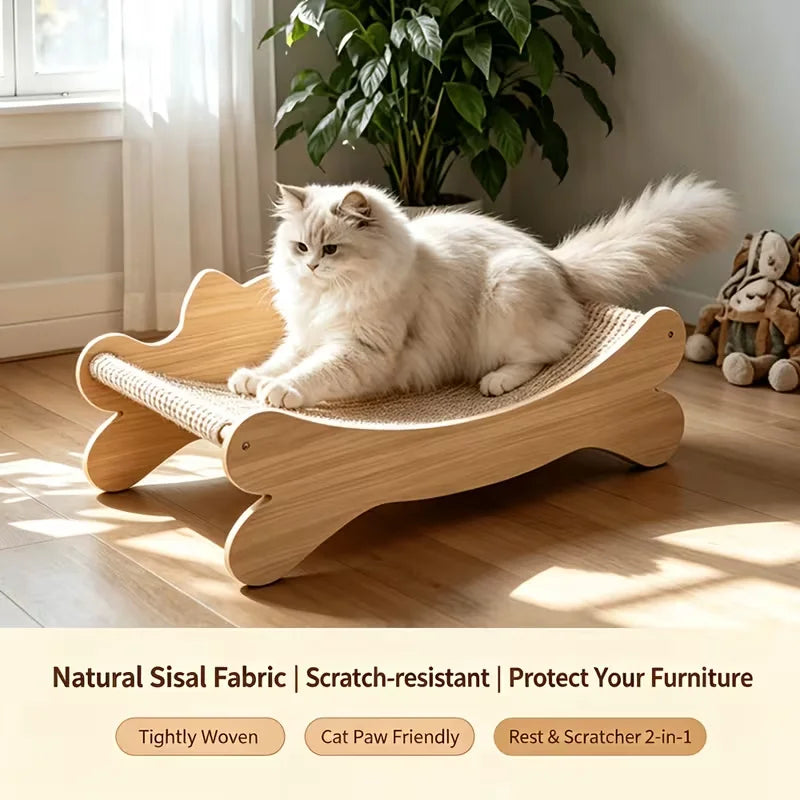 Wooden Cat Scratcher Bed, Modern Curved Cat Lounge with Sisal Scratch Pad, Cozy Cat Sofa Furniture for Indoor Cats