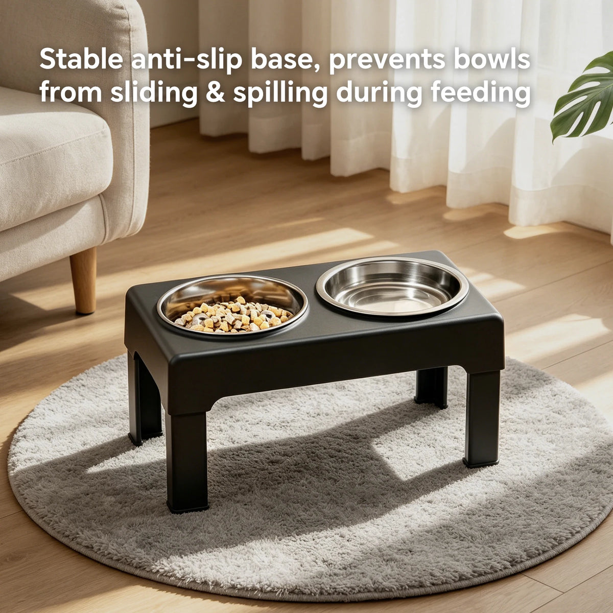 Raised Adjustable Height Dog Feeder with Non‑Slip Base Anti‑Spill Design and Slow‑Feed Bowl
