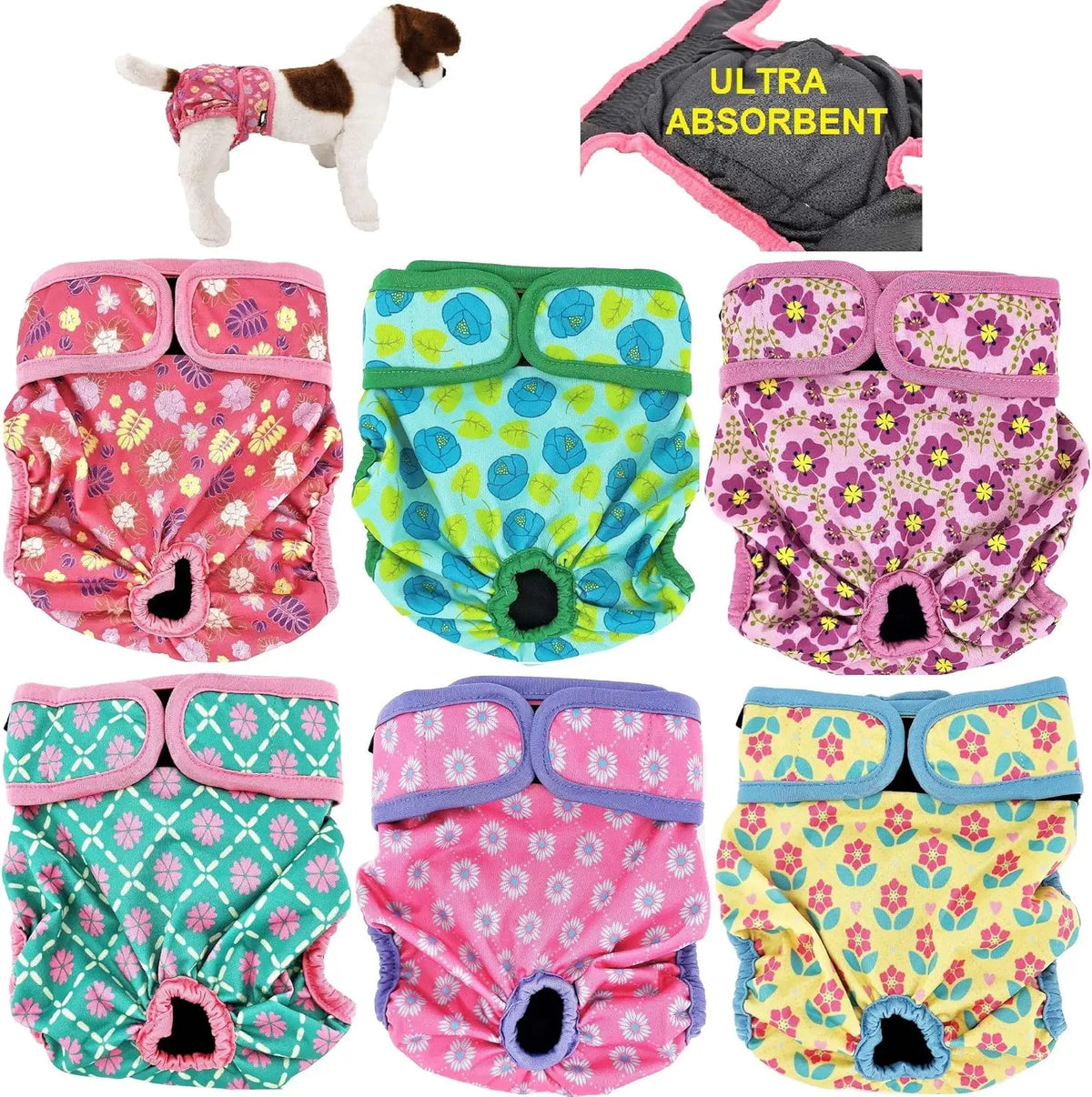 Pack of 6 Female Dog Diapers with 4 - Layers of Absorbent Pads Waterproof Leak Proof