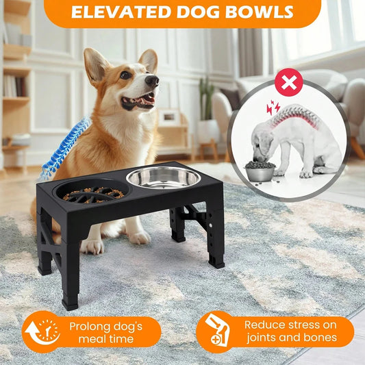 4‑Height Adjustment Elevated Feeder with Slow Feeder & Double Stainless Steel Food & Water Bowls