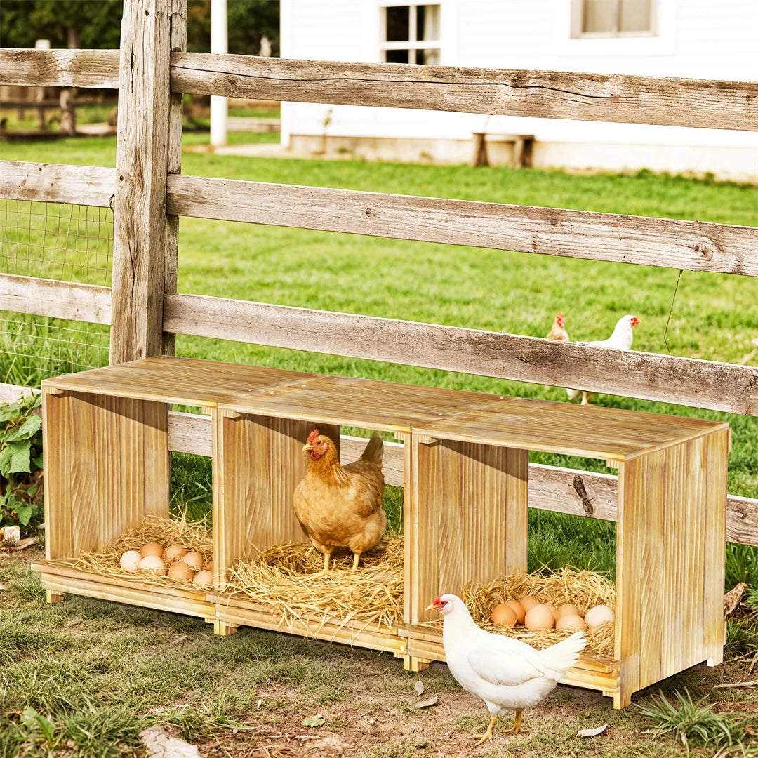 3-Compartment Pine Wood Chicken Nesting Box for Egg Laying Preventing Egg Falls