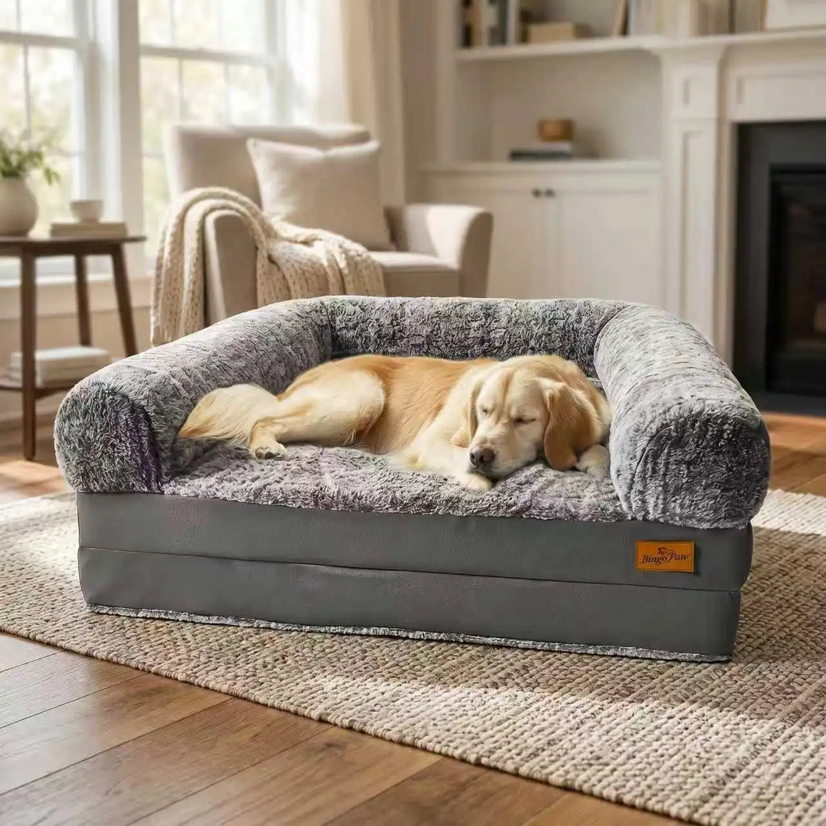 Bingopaw Human Size Dog Bed for Adults & Pets with Scratch-Proof PU Leather Edge, High Density Foam with Washable Cover