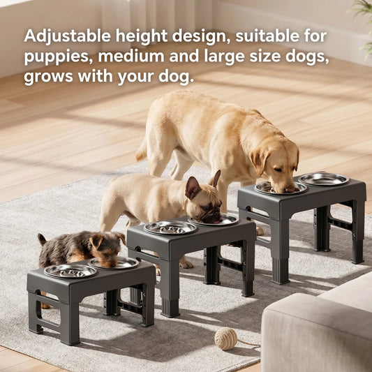 Raised Adjustable Height Dog Feeder with Non‑Slip Base Anti‑Spill Design and Slow‑Feed Bowl