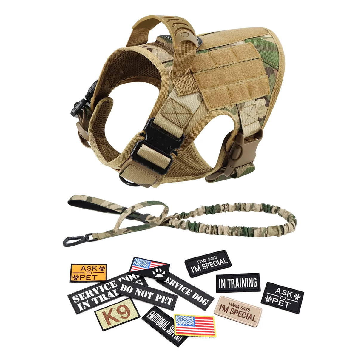 Military Style Dog Harness Collar, Leash, Bags and Patches Set