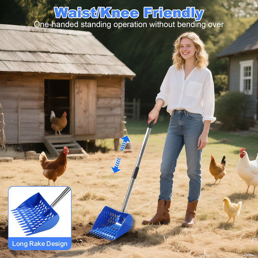 Ergonomic 2-in-1 Chicken Manure Shovel And Rake with Adjustable Handle Durable Sand Screen Garbage Shovel for Cleaning Chicken Coops