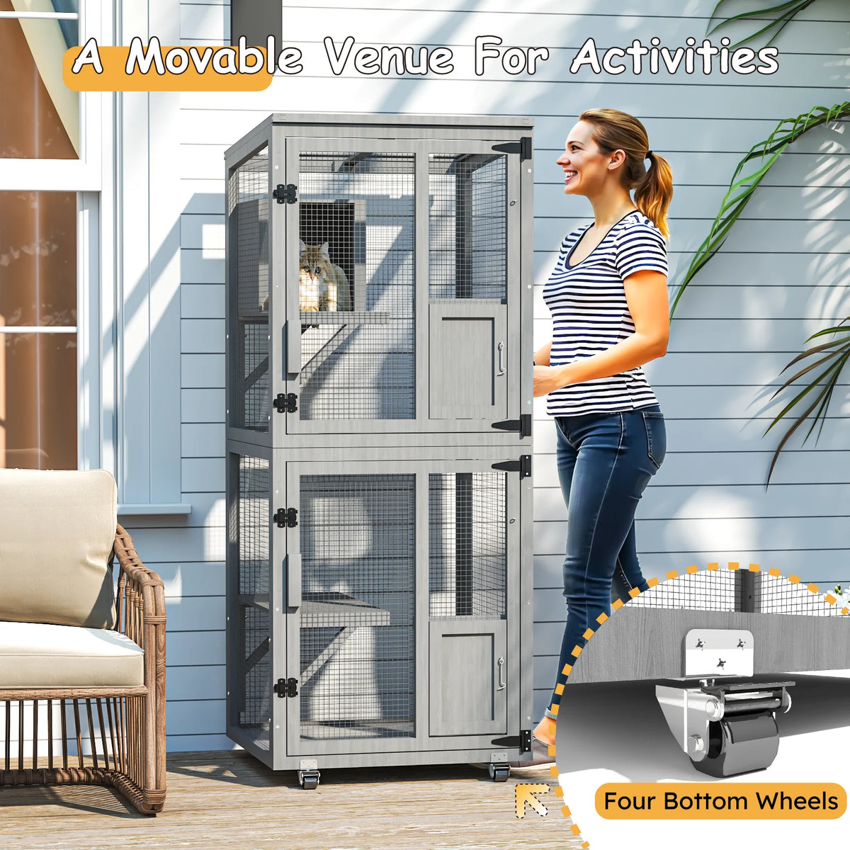 4-Tier Outdoor Cat Catio Enclosure, Large Cat Playpen with Wheels, Waterproof Roof,4 Doors & Resting Box