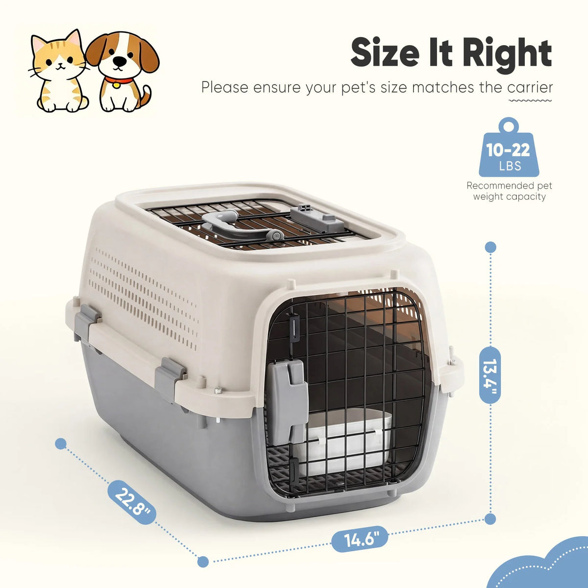 JHK 23Inch Pet Carrier for Small Dogs Cats Front & Top Load Wire Door Food Bowl Travel Crate with Enhanced Security Latches