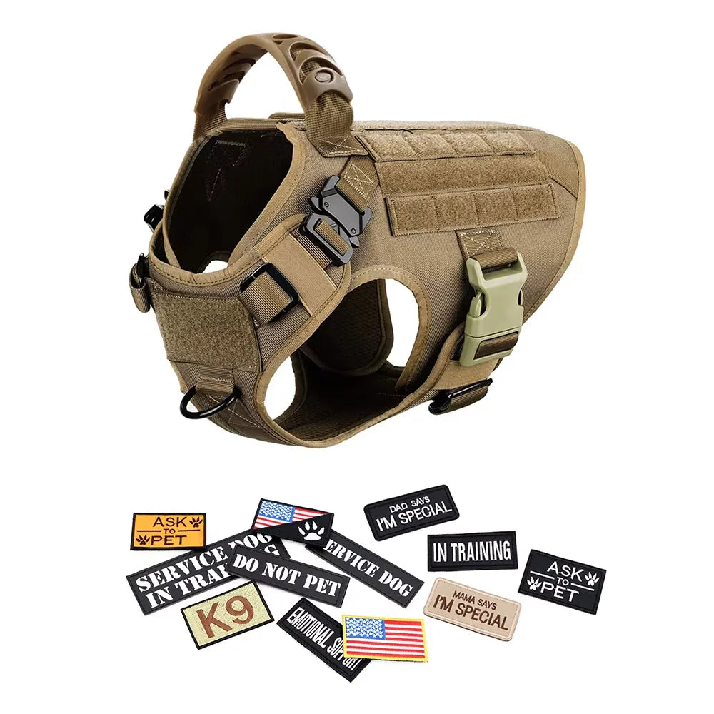 Military Style Dog Harness Collar, Leash, Bags and Patches Set