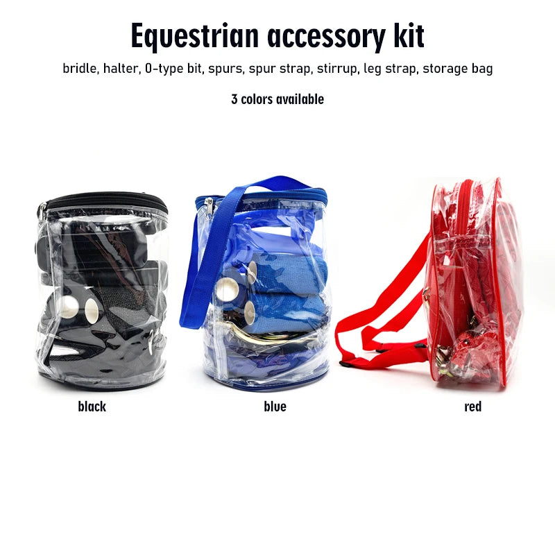 8 Pcs Pro Horse Tack Set – Bridle, Bit, Spurs, Stirrups, Leg Wraps, Lead Rope, Storage Bag, 3 Colors