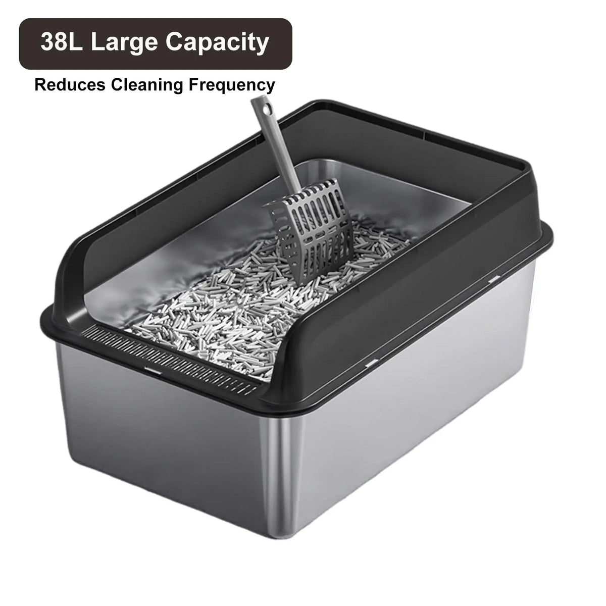 38L Large Stainless Steel Cat Litter Box with Double Layer Filter Mat, Non-Stick Bottom, Odor-Resistant and Includes Litter Scoop - Whiskersnwigglesshop