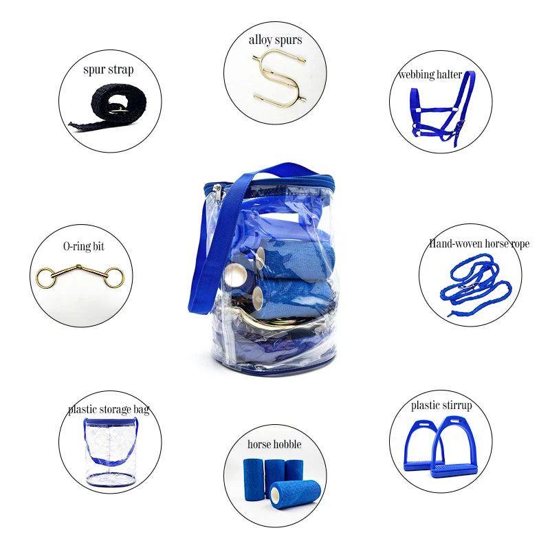 8 Pcs Pro Horse Tack Set – Bridle, Bit, Spurs, Stirrups, Leg Wraps, Lead Rope, Storage Bag, 3 Colors