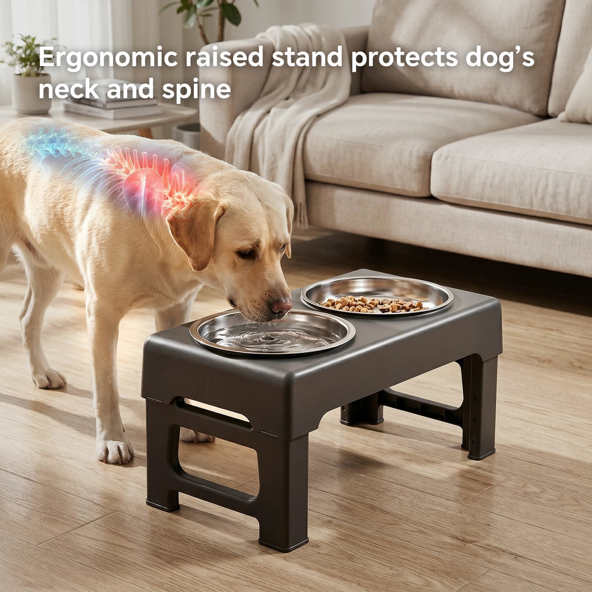 Raised Adjustable Height Dog Feeder with Non‑Slip Base Anti‑Spill Design and Slow‑Feed Bowl
