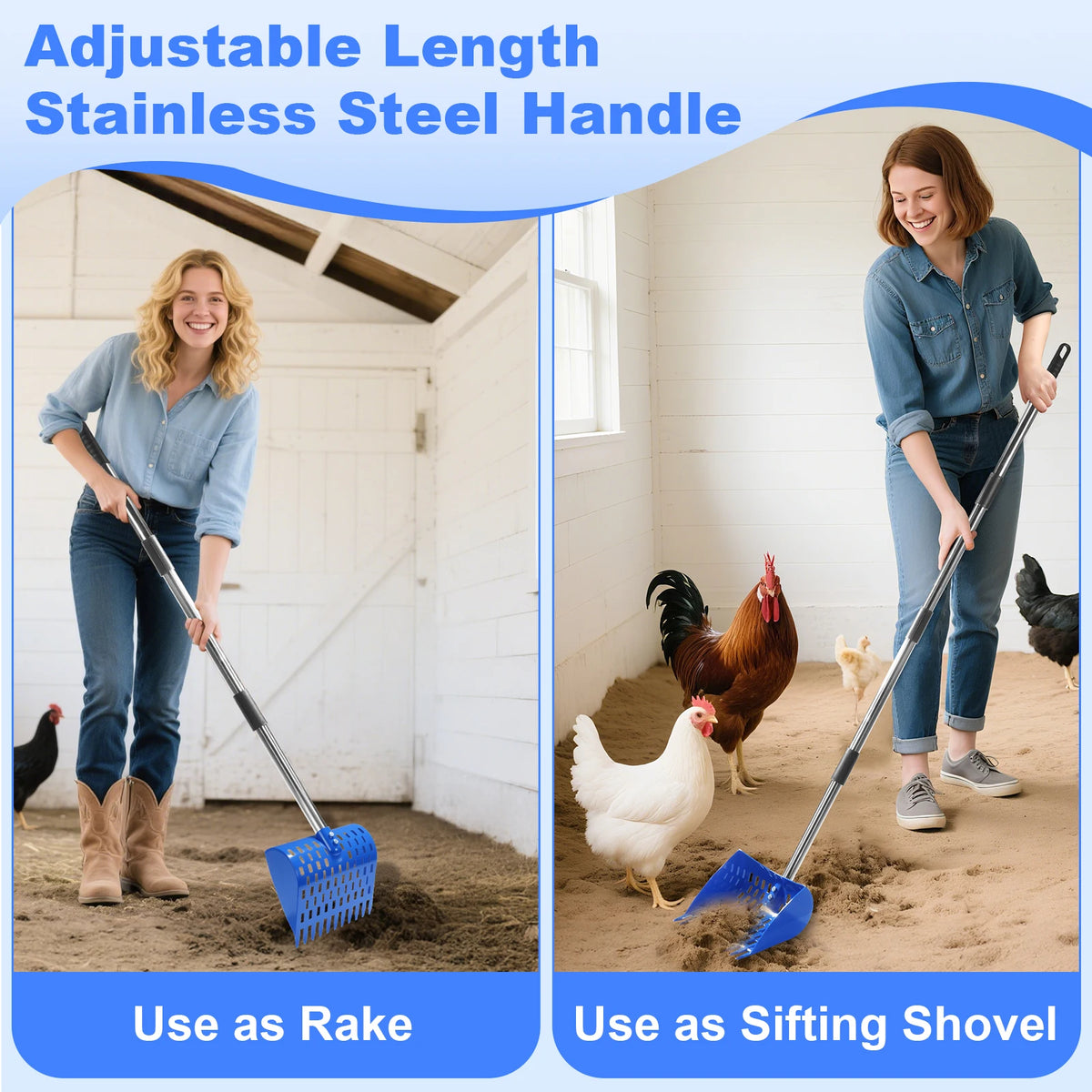 Ergonomic 2-in-1 Chicken Manure Shovel And Rake with Adjustable Handle Durable Sand Screen Garbage Shovel for Cleaning Chicken Coops