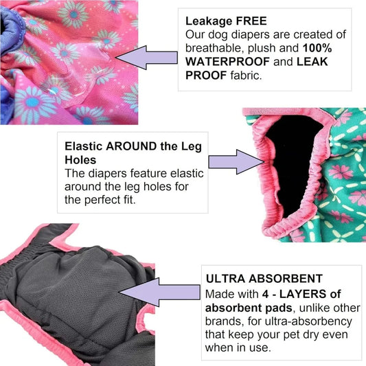 Pack of 6 Female Dog Diapers with 4 - Layers of Absorbent Pads Waterproof Leak Proof