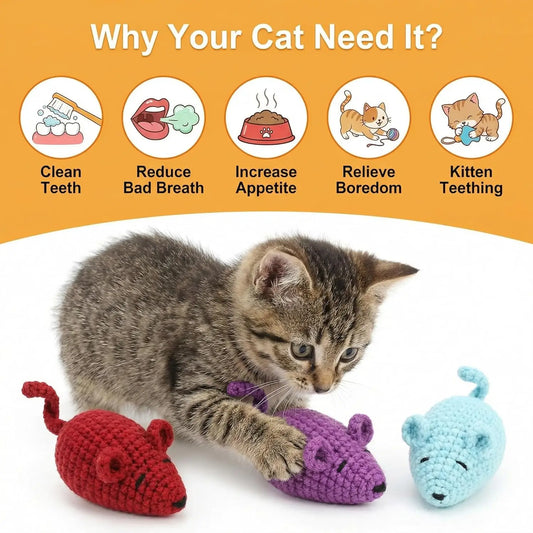 Catnip Crochet Mice Cat Toys, 3 Pcs Handmade Durable Yarn Mice Toys with Natural Catnip & Silvervine, Interactive Kitten Chew Kicker Toy for Teeth Cleaning & Anxiety Relief