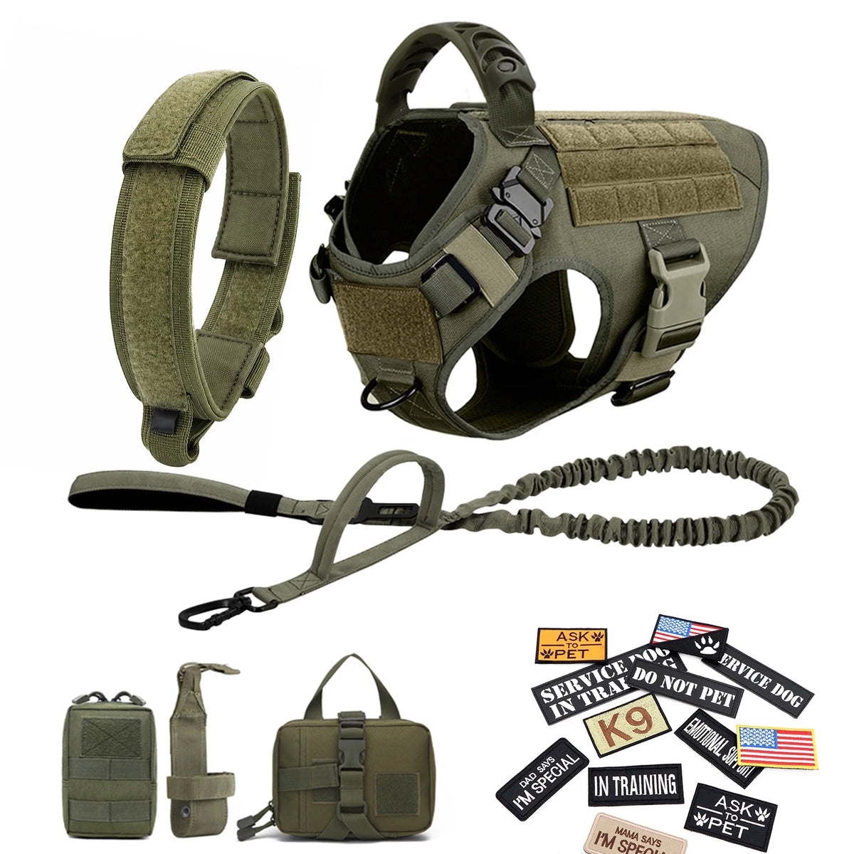 Military Style Dog Harness Collar, Leash, Bags and Patches Set