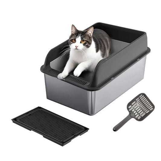 38L Large Stainless Steel Cat Litter Box with Double Layer Filter Mat, Non-Stick Bottom, Odor-Resistant and Includes Litter Scoop - Whiskersnwigglesshop