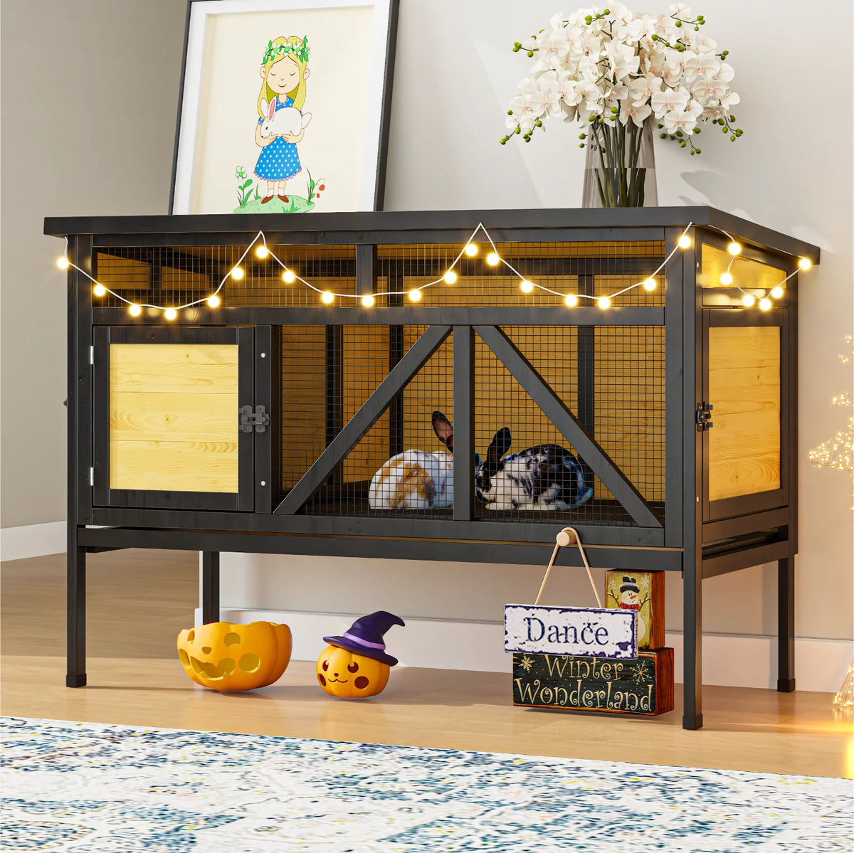 46.7" Elevated Small Animal Habitat with Double Doors, Leak-Proof Tray & Asphalt Roof - Whiskersnwigglesshop