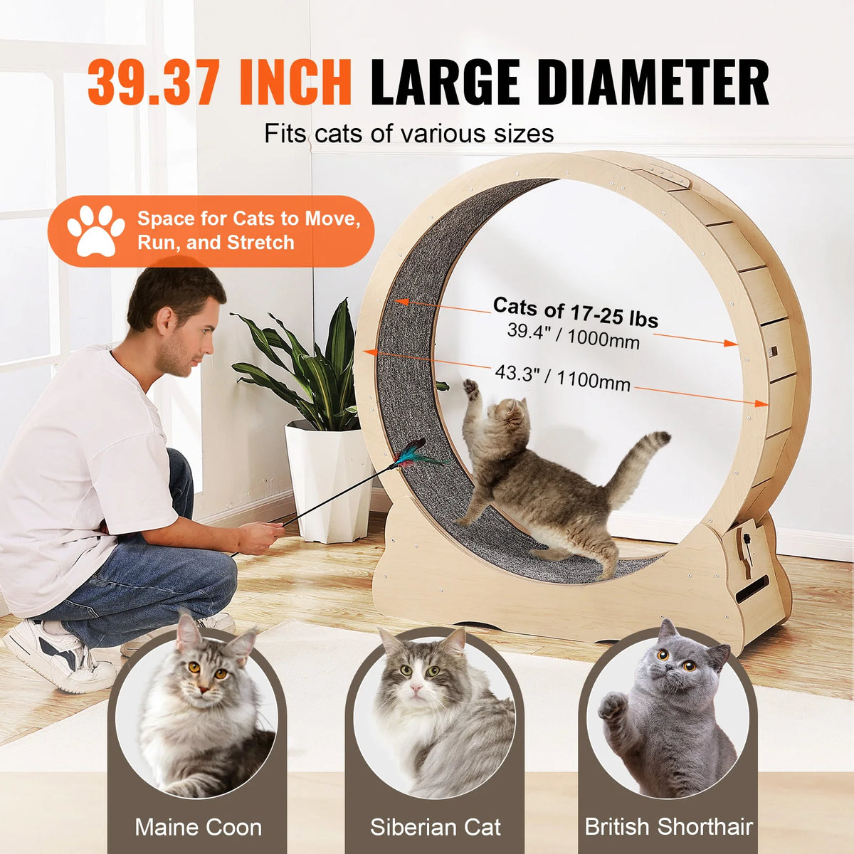 SucceBuy Wooden Cat Exercise Wheel Large Cat Treadmill Wheel for Indoor Cat Running Wheel with Detachable Carpet