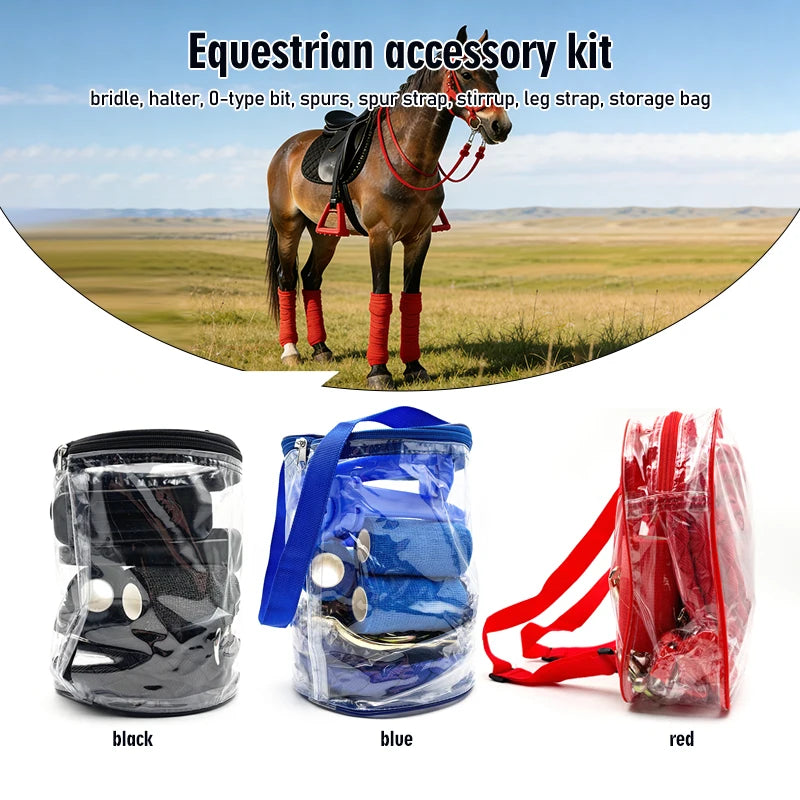 8 Pcs Pro Horse Tack Set – Bridle, Bit, Spurs, Stirrups, Leg Wraps, Lead Rope, Storage Bag, 3 Colors