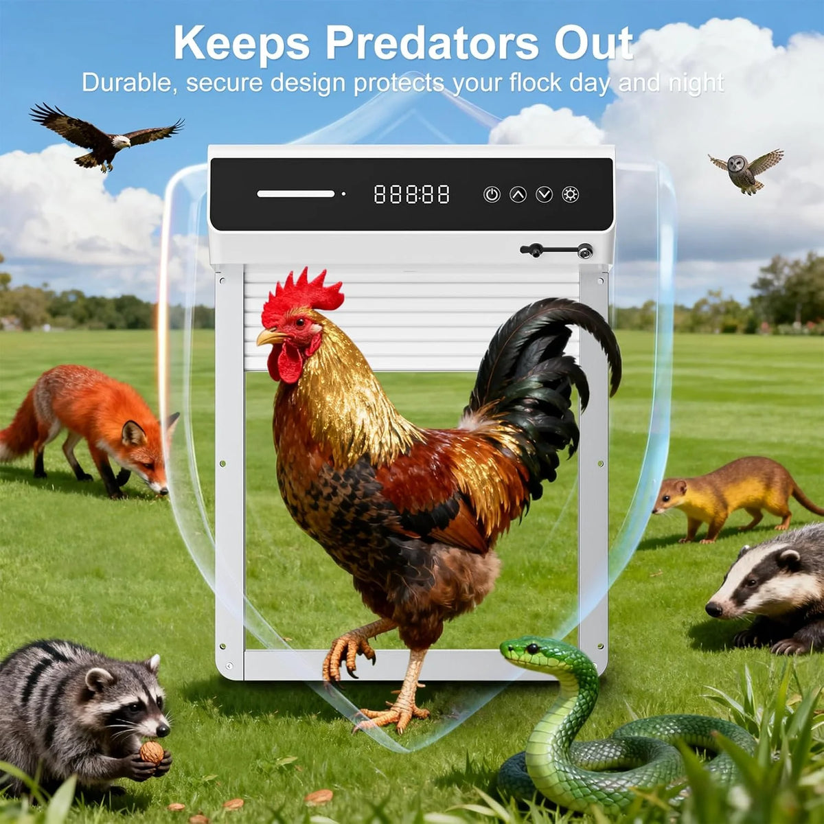 Solar Powered Chicken Coop Door Automatic Rolling Shutter Door with LCD Display Screen, Light Sensing Timed Pet Door，Support USB Charging Auto Open Close Chicken Door for Farm Backyard