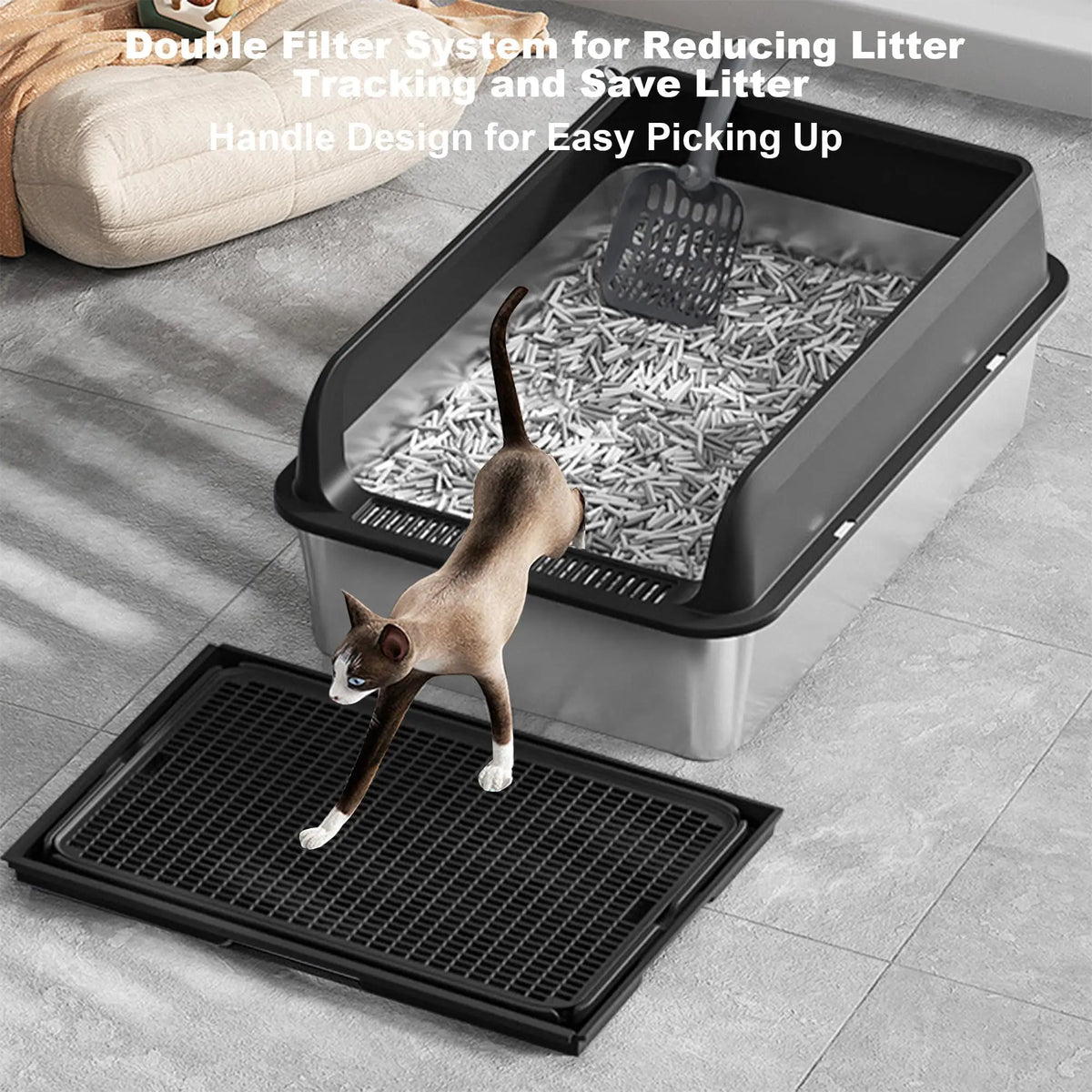 38L Large Stainless Steel Cat Litter Box with Double Layer Filter Mat, Non-Stick Bottom, Odor-Resistant and Includes Litter Scoop - Whiskersnwigglesshop