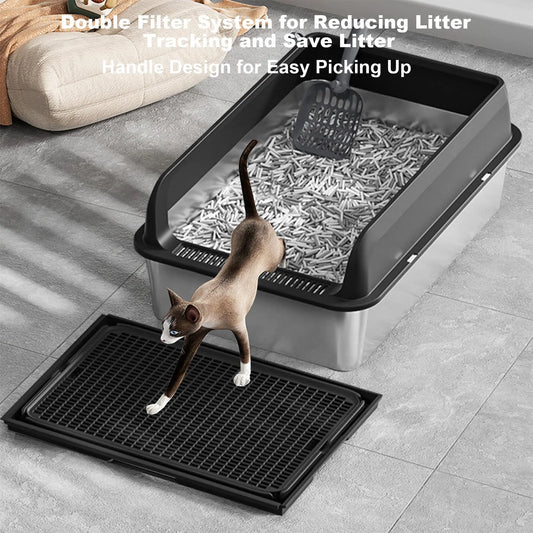 38L Large Stainless Steel Cat Litter Box with Double Layer Filter Mat, Non-Stick Bottom, Odor-Resistant and Includes Litter Scoop - Whiskersnwigglesshop