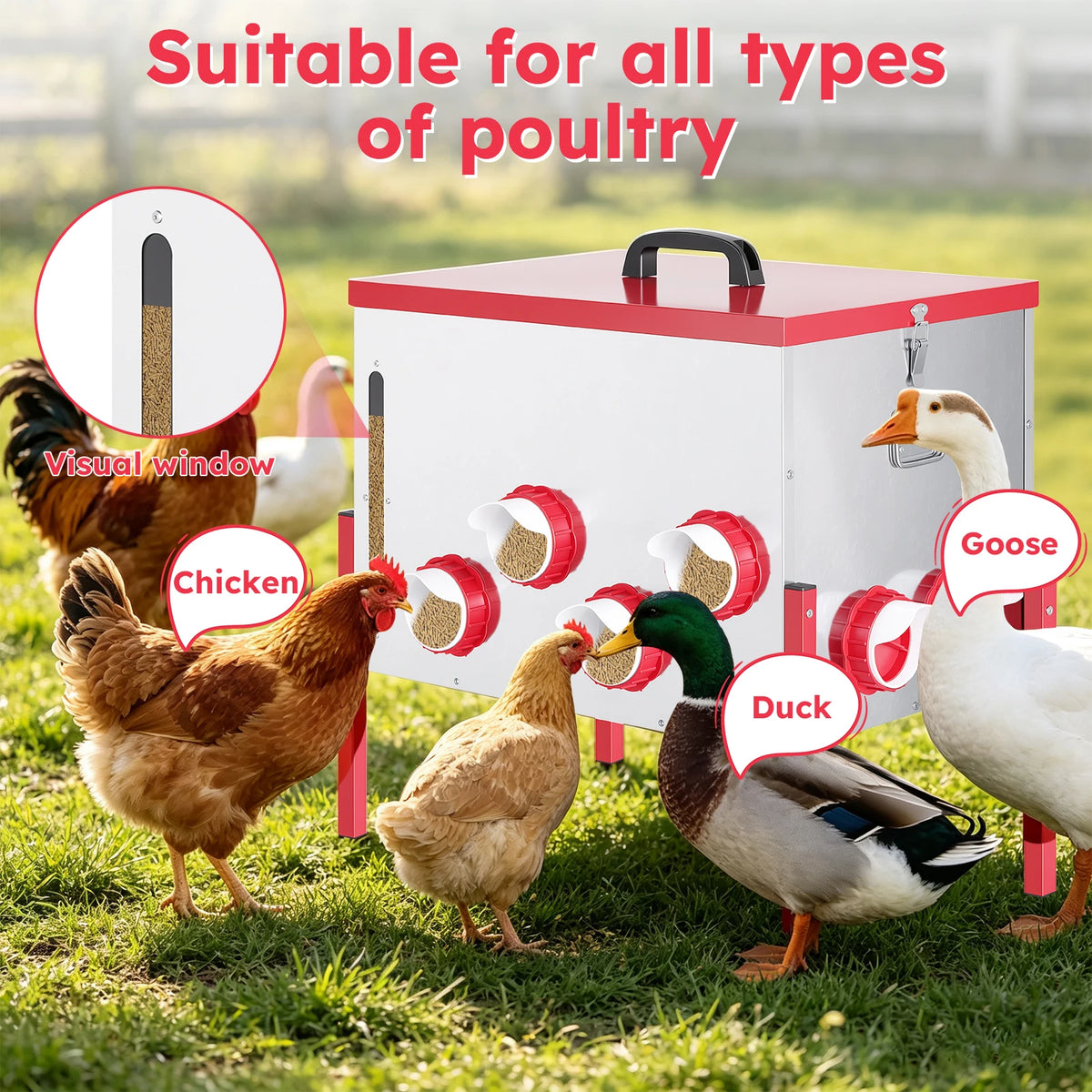 Automatic Chicken Feeder 130LBS Large Capacity 12 Anti-Waste Ports Metal Poultry Feeder with Height Adjustable Stand Waterproof Rodent Proof Feed Box with Lid Viewing Window