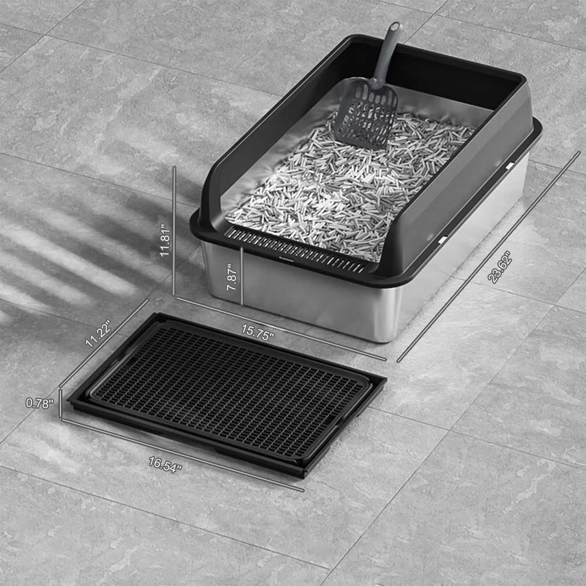 38L Large Stainless Steel Cat Litter Box with Double Layer Filter Mat, Non-Stick Bottom, Odor-Resistant and Includes Litter Scoop - Whiskersnwigglesshop