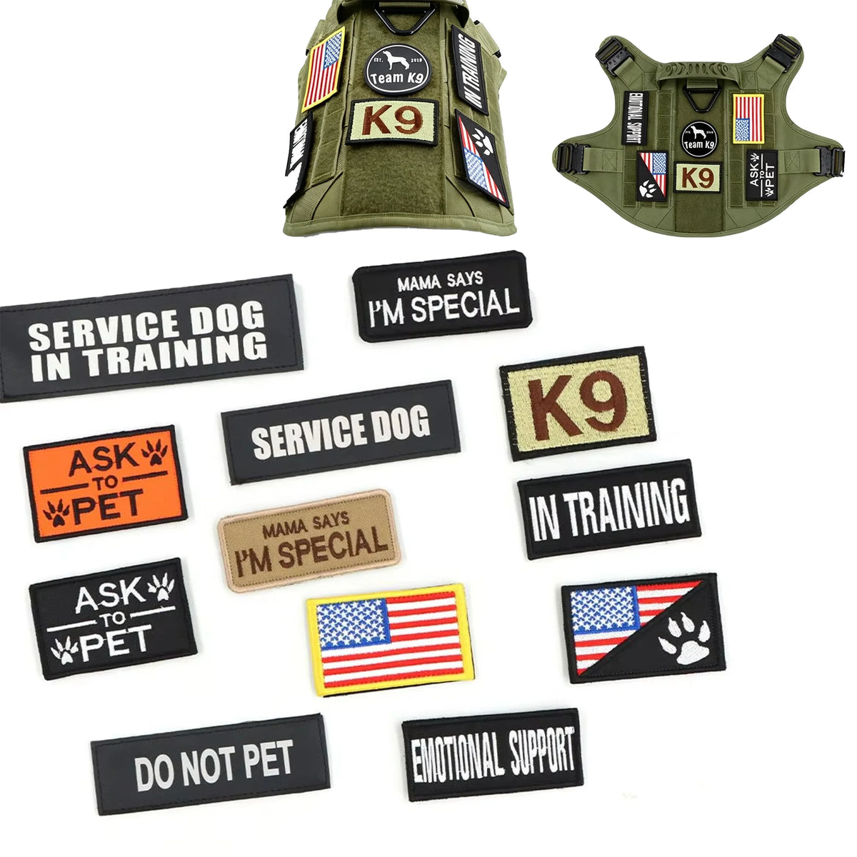 12 Pieces Tactical Patch Bundle For Dog Vest Harness (Harness not included)