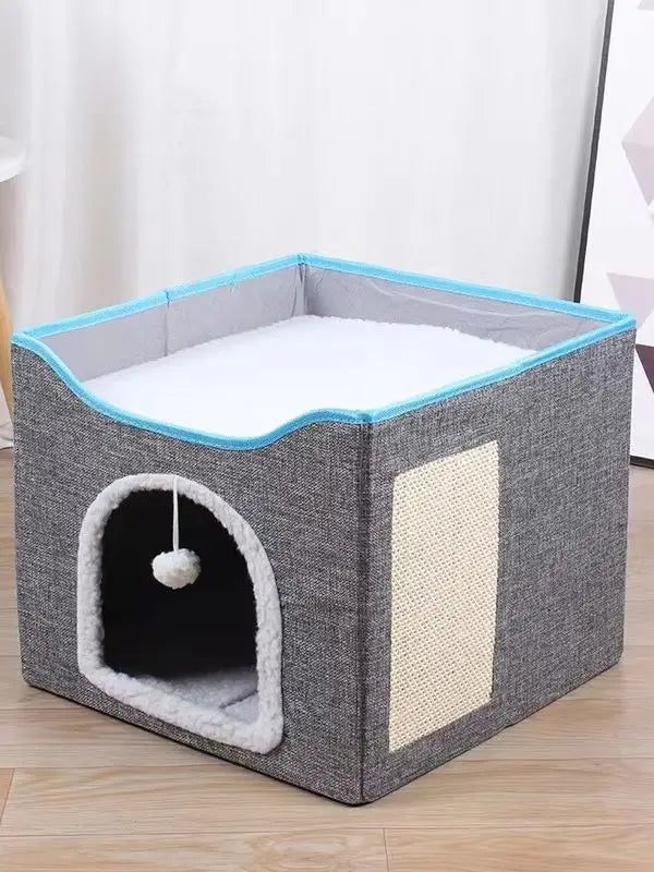 Large Foldable Cat Cave/Cat Hideaway With Fluffy Ball And Scratch Pad - Whiskersnwigglesshop