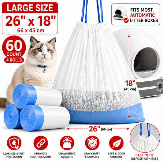 Premium Cat Litter Bags for Automatic Litter Boxes/60 Pack-Large Drawstring Liners - Whiskersnwigglesshop
