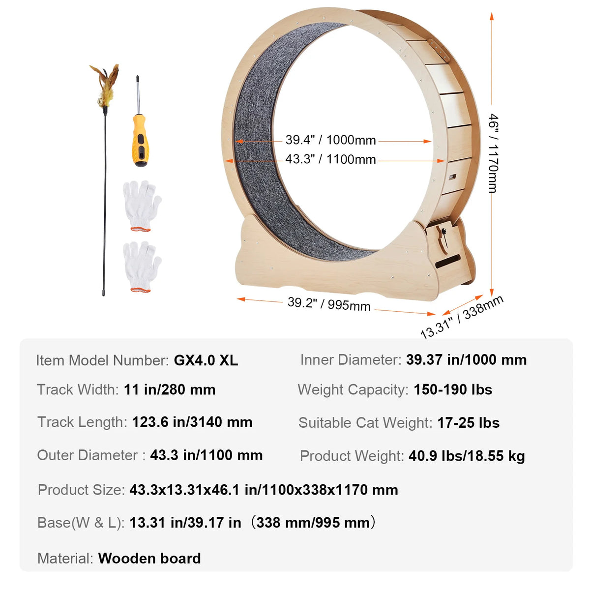 SucceBuy Wooden Cat Exercise Wheel Large Cat Treadmill Wheel for Indoor Cat Running Wheel with Detachable Carpet