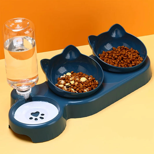 3 In 1 Ear Design Tilted Cat Water And Food Bowl Set With Gravity Water Bottle For Neck Protection