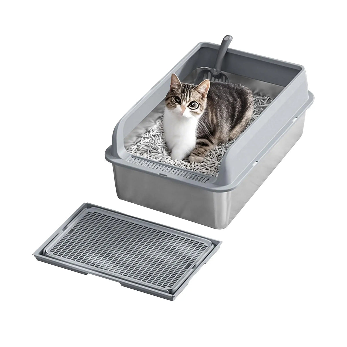 38L Large Stainless Steel Cat Litter Box with Double Layer Filter Mat, Non-Stick Bottom, Odor-Resistant and Includes Litter Scoop - Whiskersnwigglesshop