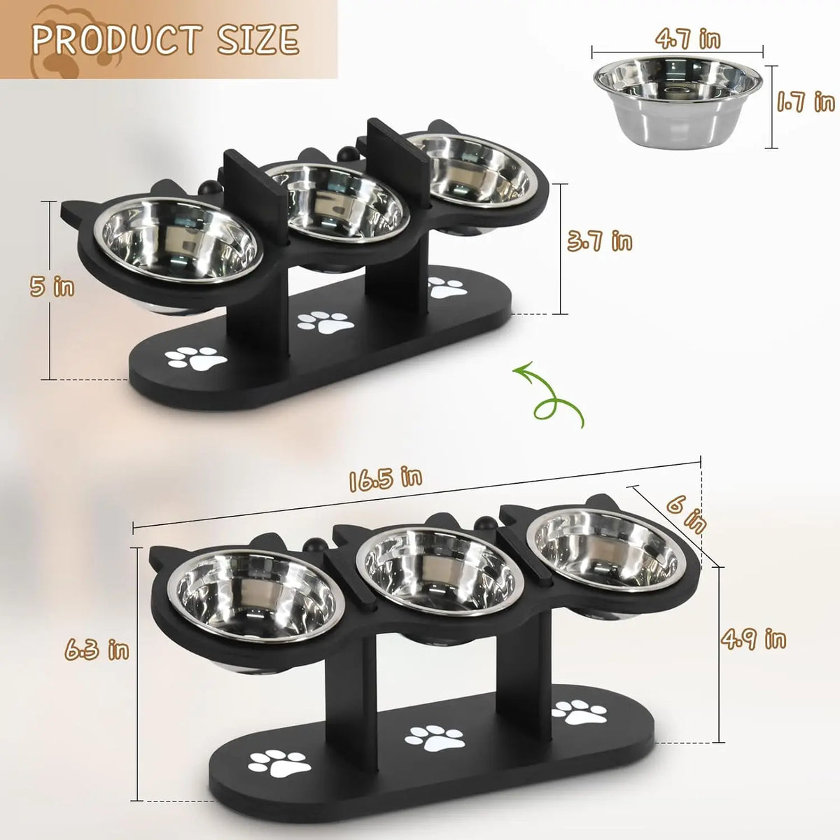 Elevated, Adjustable, and Raised Cat Food Bowls With Black Shelf; Includes 3 Stainless Steel Bowls With 15°Tilted