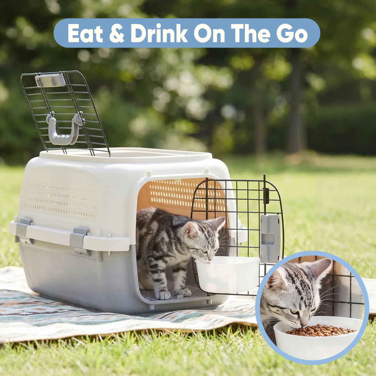 JHK 23Inch Pet Carrier for Small Dogs Cats Front & Top Load Wire Door Food Bowl Travel Crate with Enhanced Security Latches