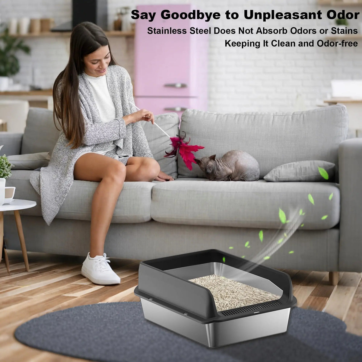 38L Large Stainless Steel Cat Litter Box with Double Layer Filter Mat, Non-Stick Bottom, Odor-Resistant and Includes Litter Scoop - Whiskersnwigglesshop