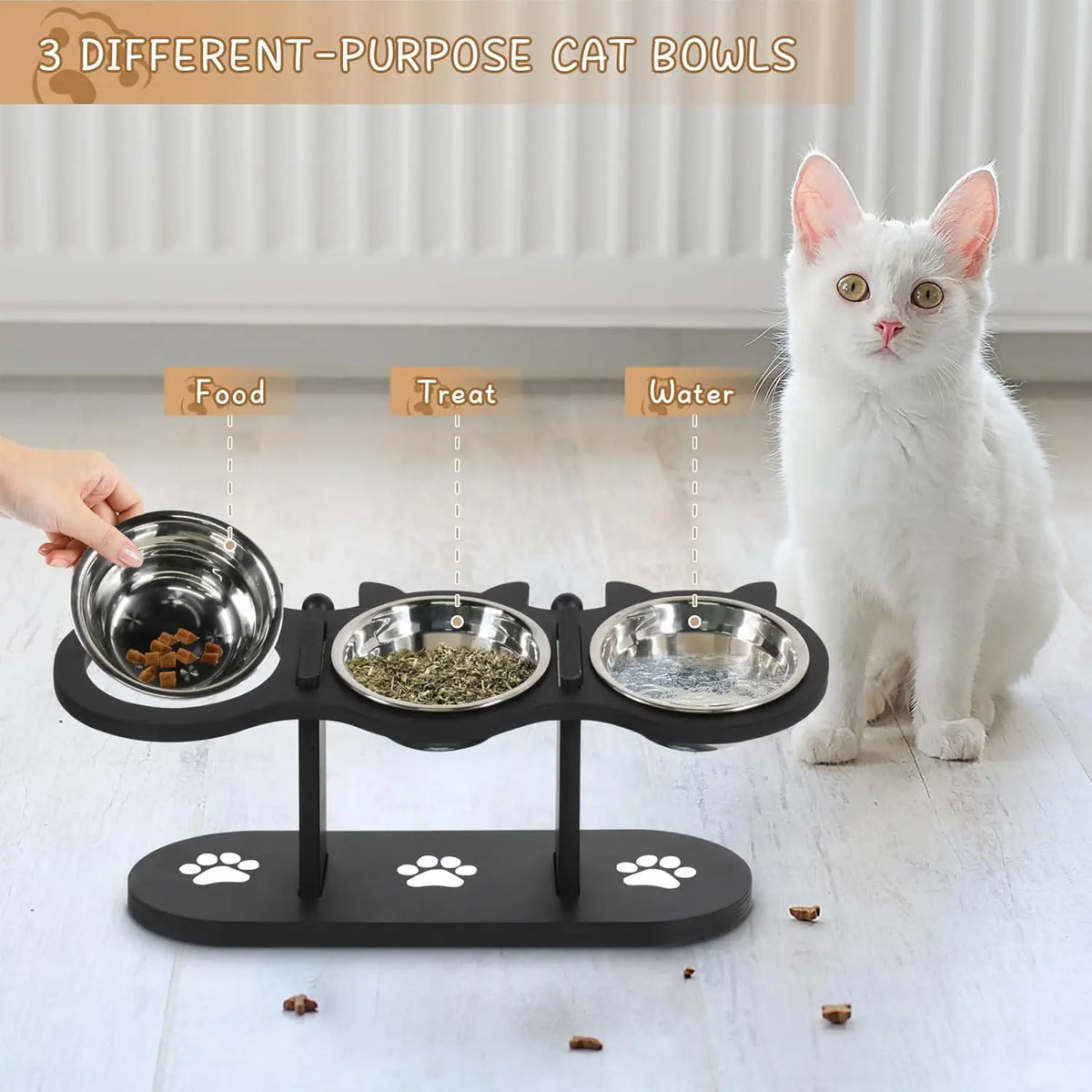 Elevated, Adjustable, and Raised Cat Food Bowls With Black Shelf; Includes 3 Stainless Steel Bowls With 15°Tilted