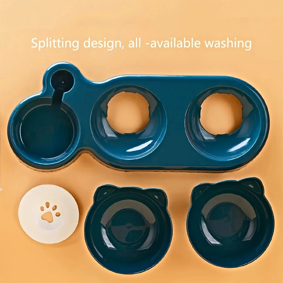 3 In 1 Ear Design Tilted Cat Water And Food Bowl Set With Gravity Water Bottle For Neck Protection