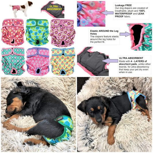 Pack of 6 Female Dog Diapers with 4 - Layers of Absorbent Pads Waterproof Leak Proof