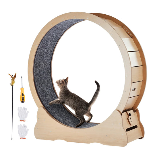 SucceBuy Wooden Cat Exercise Wheel Large Cat Treadmill Wheel for Indoor Cat Running Wheel with Detachable Carpet