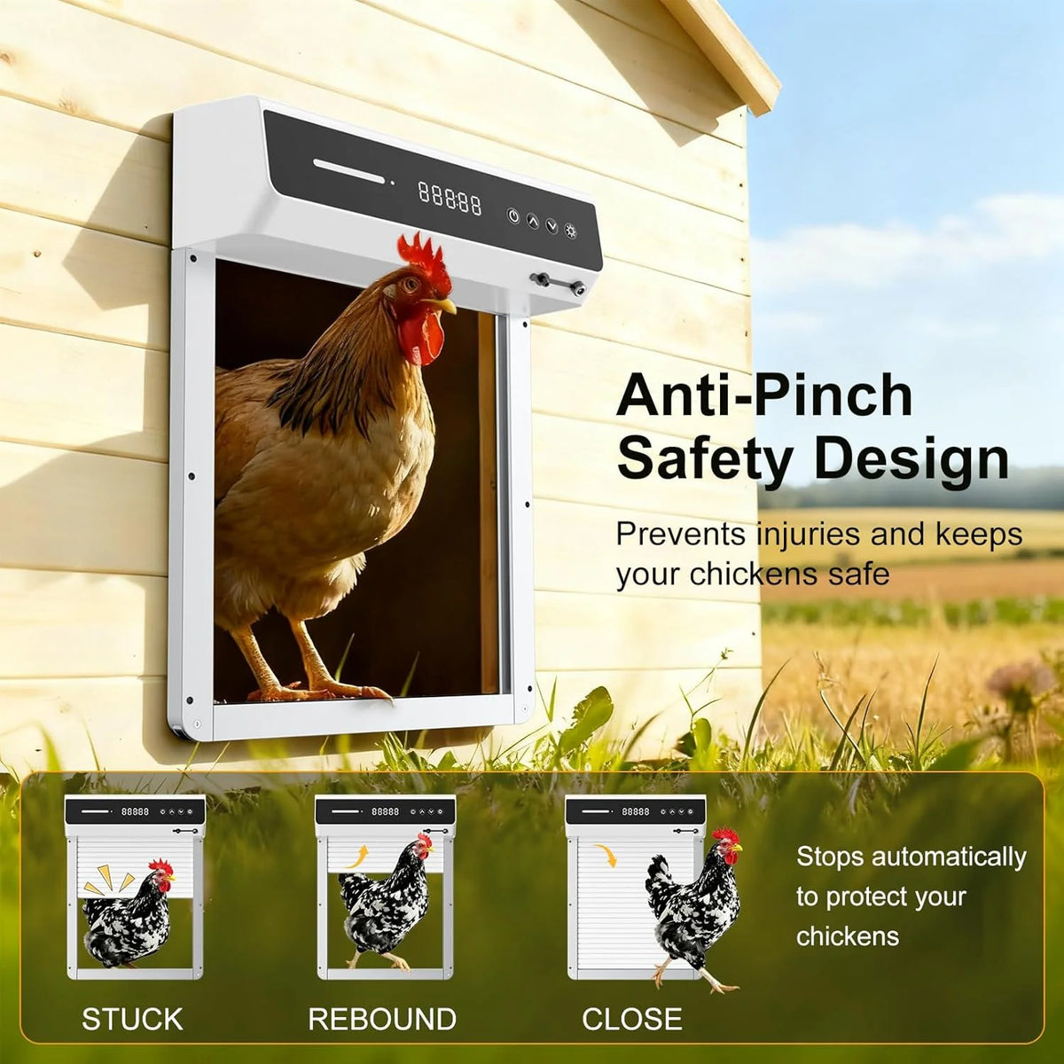 Solar Powered Chicken Coop Door Automatic Rolling Shutter Door with LCD Display Screen, Light Sensing Timed Pet Door，Support USB Charging Auto Open Close Chicken Door for Farm Backyard