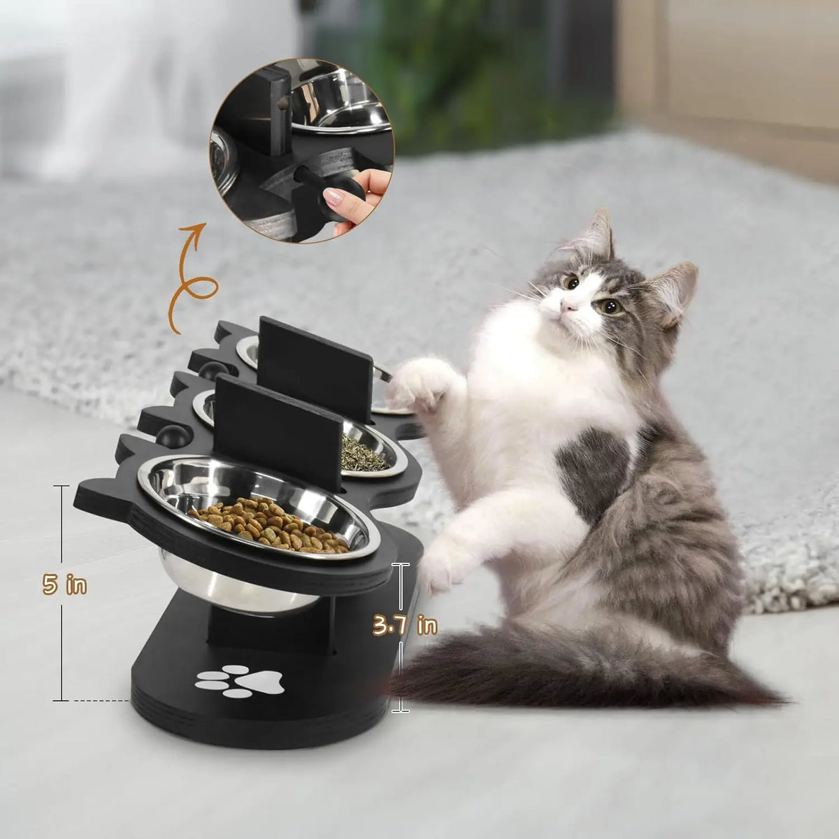 Elevated, Adjustable, and Raised Cat Food Bowls With Black Shelf; Includes 3 Stainless Steel Bowls With 15°Tilted