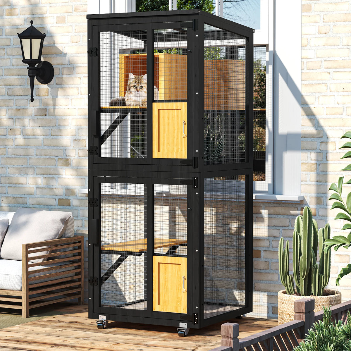 4-Tier Outdoor Cat Catio Enclosure, Large Cat Playpen with Wheels, Waterproof Roof,4 Doors & Resting Box
