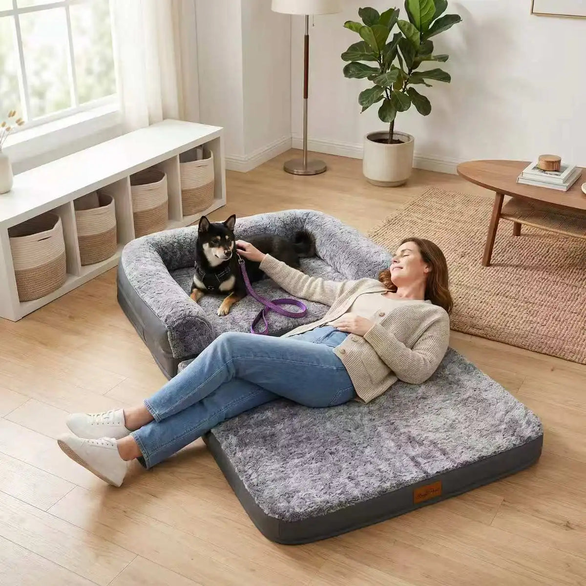 Bingopaw Human Size Dog Bed for Adults & Pets with Scratch-Proof PU Leather Edge, High Density Foam with Washable Cover
